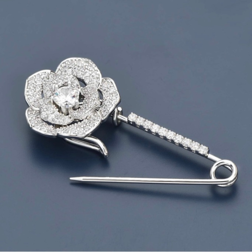Cubic Zirconia Rose Flower Cardigan Sweater Safety Pin Brooch - Picture 5 of 7